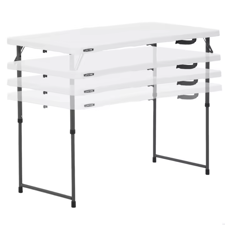 Lifetime - Mesa plegable portátil ajustable, altura regulable 61-91,5 cm, máx. 340 kg, superficie resistente a manchas y rayos UV, estructura de acero, polietileno, color blanco, exterior, fácil almacenaje - 1