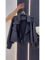 Chaqueta De Cuero Negro Retro Americana Suelta Para Mujer Estilo Locomotora Primavera Otoño Cierre De Botones Motociclista Sin Capucha - details 6