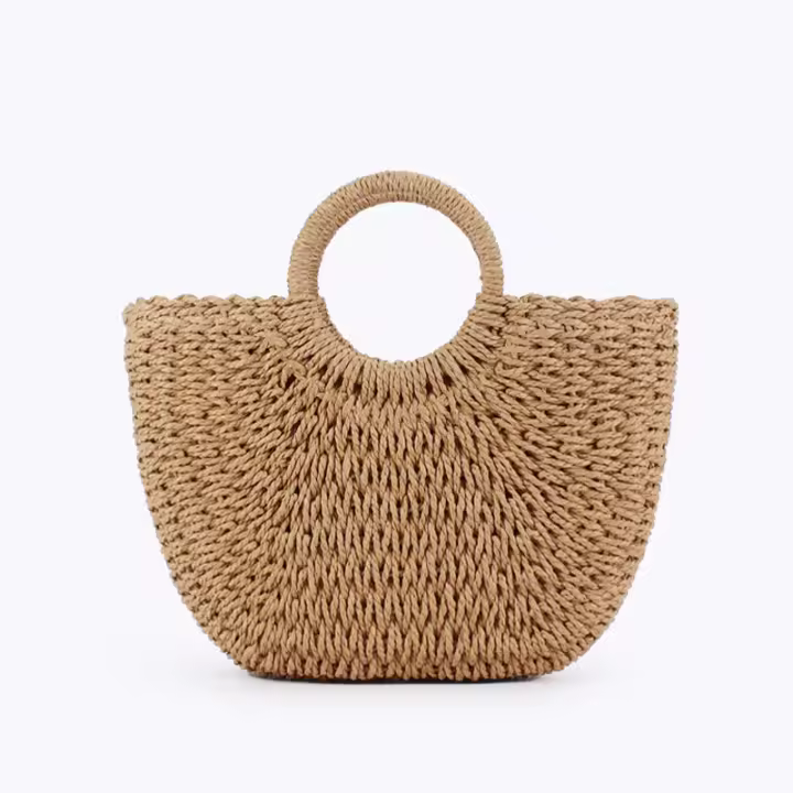 MOV Bolso sencillo de paja tejido a mano, de color liso, informal, hecho a mano, perfecto para fotos de playa en verano, de gran tamaño. - 1