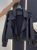 Chaqueta De Cuero Negro Retro Americana Suelta Para Mujer Estilo Locomotora Primavera Otoño Cierre De Botones Motociclista Sin Capucha - details 2
