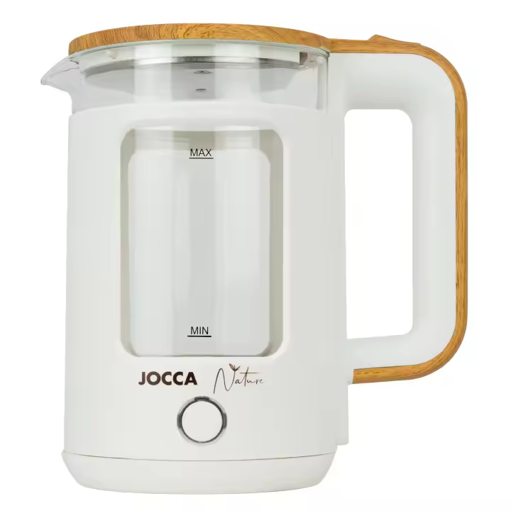 Hervidor de agua eléctrico Jocca Nature 1,8L blanco o negro, diseño elegante con detalles en madera. Ebullición rápida con resistencia oculta con indicador luminoso, base giratoria 360° y apagado automático. Hecho con vidrio y acero. 1500W de potencia - 1