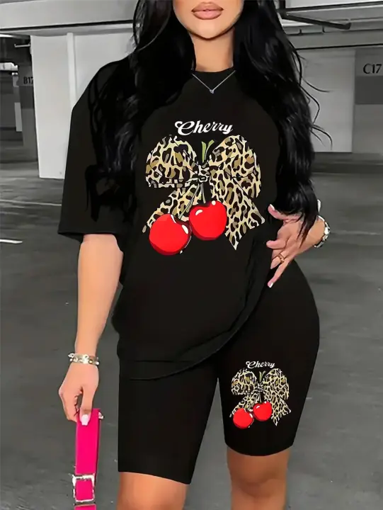 Conjunto Casual De Dos Piezas Para Mujer Con Estampado De Leopardo Y Cerezo Talla Grande Estilo Americano Ropa De Calle - 1
