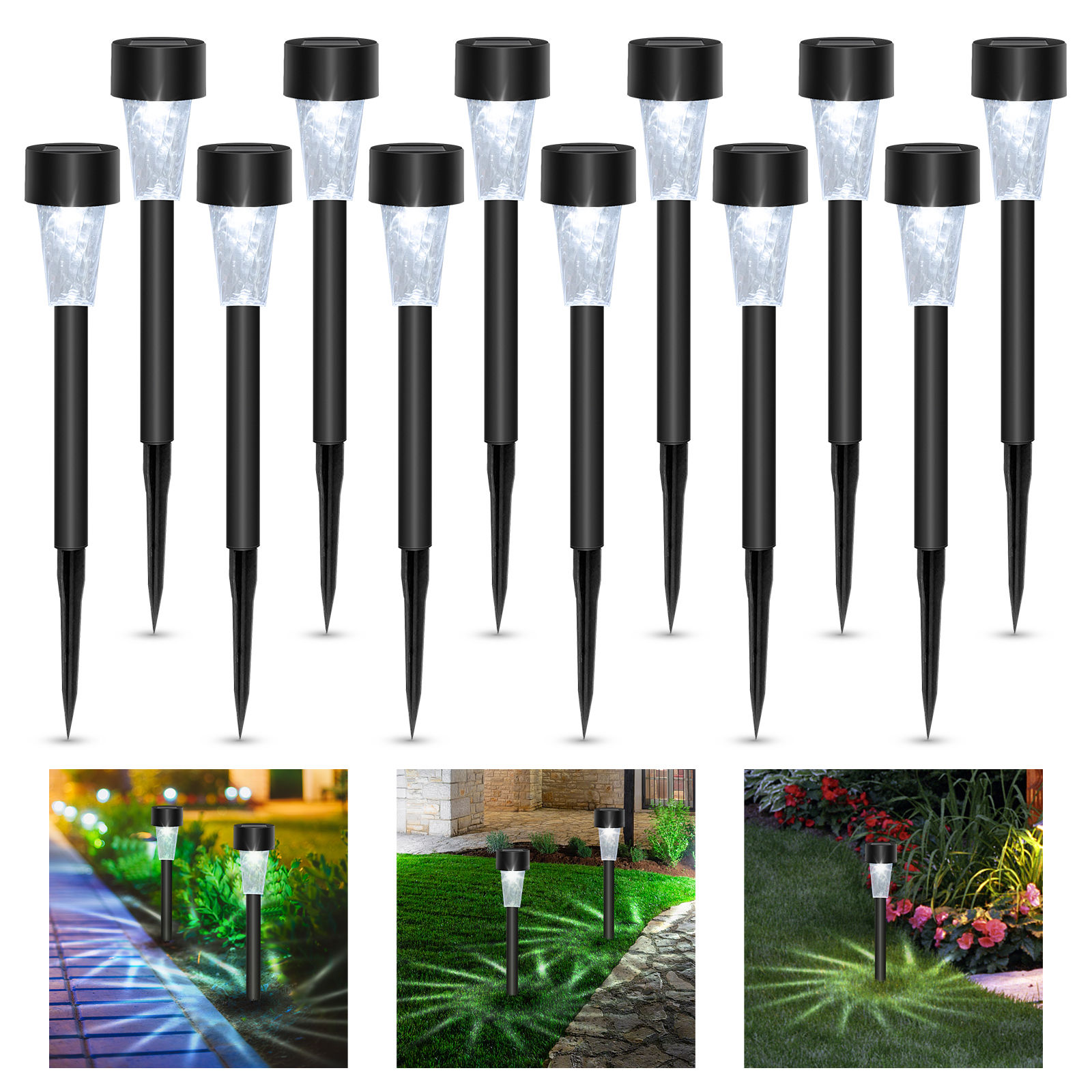 Aigostar Luces Solares Jardín 12 Pcs Lamparas Solares Jardín/Paisaje 6500K IP44 Impermeable, Luz Solar de Césped Para Pasillo, Césped, Patio