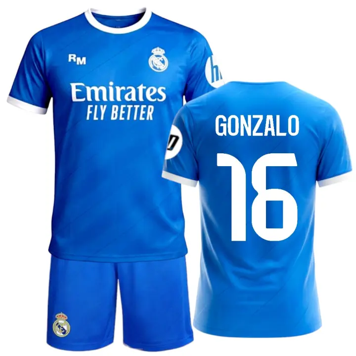 Real Madrid - Tercera equipación réplica oficial temporada 25-26 | Gonzalo 16 niño unisex | Camiseta y pantalón azul | Tejido transpirable | Escudo bordado | Tallas infantiles - 1