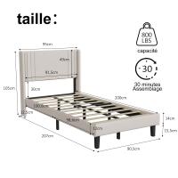 Cama individual 90x200 cm tapizada en lino beige con cabecero acolchado, somier de láminas y estructura metálica reforzada - details 0