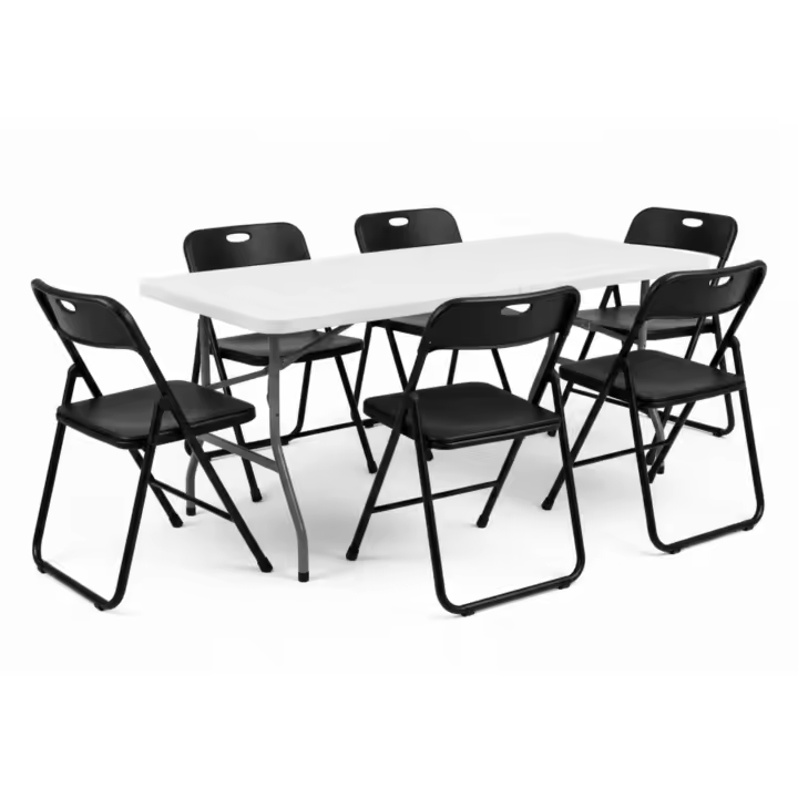 Pack Mesa Plegable 180cm Blanca + 6 Sillas Plegables Negras | Conjunto Bicolor para Catering, Oficina y Eventos | Resistente y Fácil de Guardar - 1