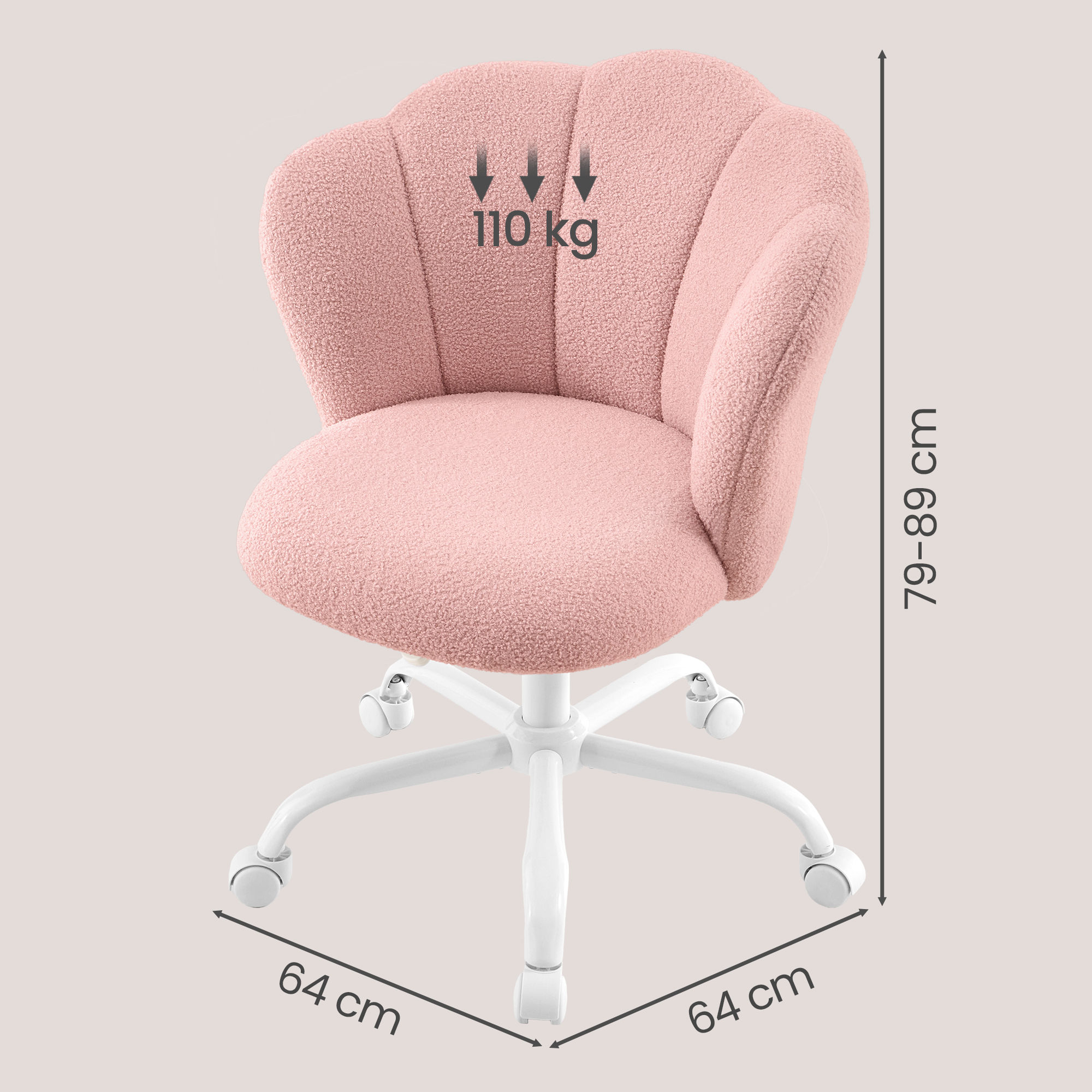 SONGMICS Silla de Oficina Giratoria 360°, Silla de Tocador Acolchada, Tela de Peluche, Soporta 110 kg, Respaldo en Forma de Pétalos, Altura Ajustable, para Salón y Dormitorio, Blanco Crema/Rosa