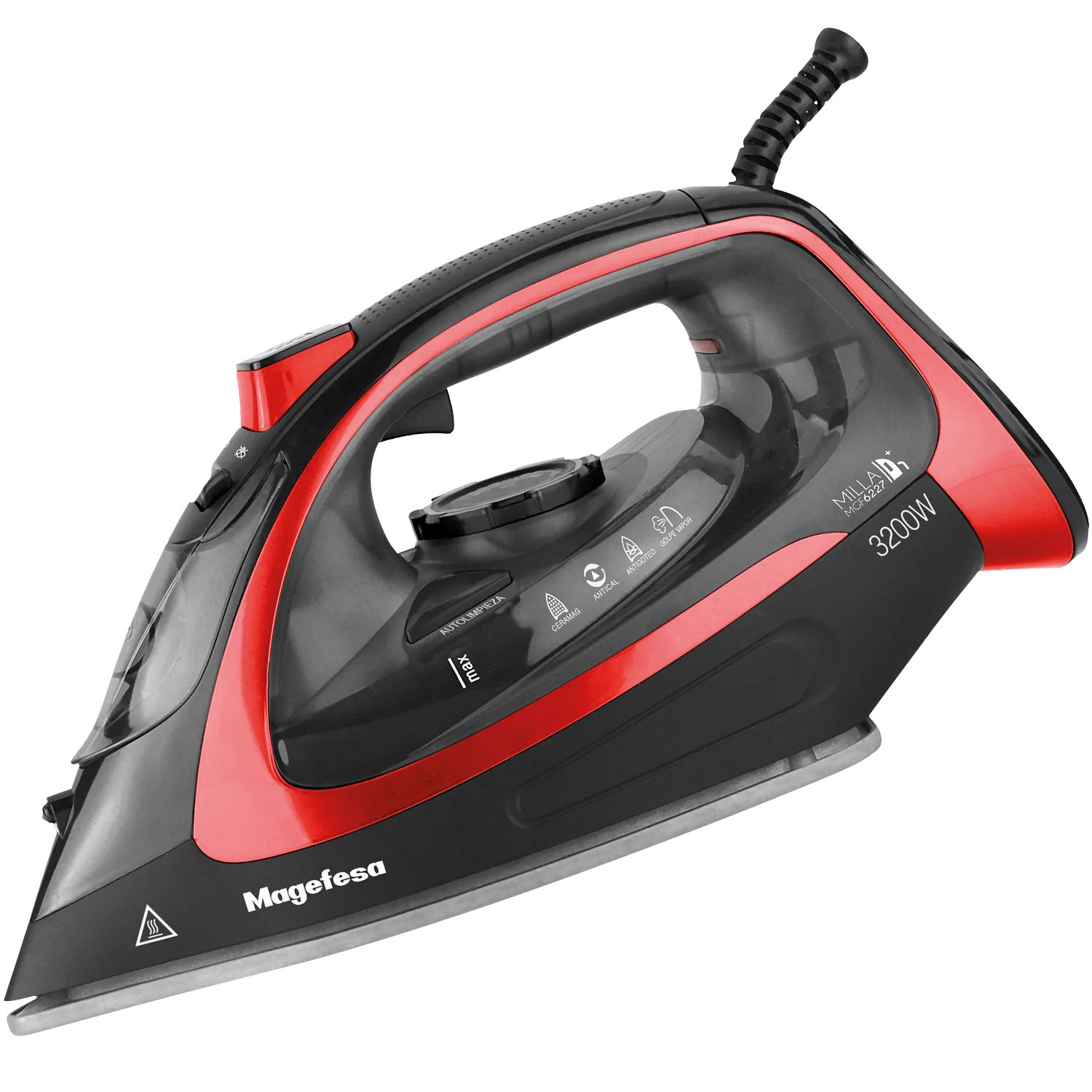 MAGEFESA MILLA PLUS Plancha de Vapor Roja de Suela Cerámica de 3200W y 300ml, Planchado Vertical, en Seco y en Vapor