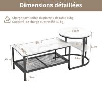 Set de Mesas de Centro Modernas Negras con Estante, Tablero Efecto Mármol Blanco, Diseño Nido 70/45 cm, Estructura Metálica con Rejilla para Salón - details 4