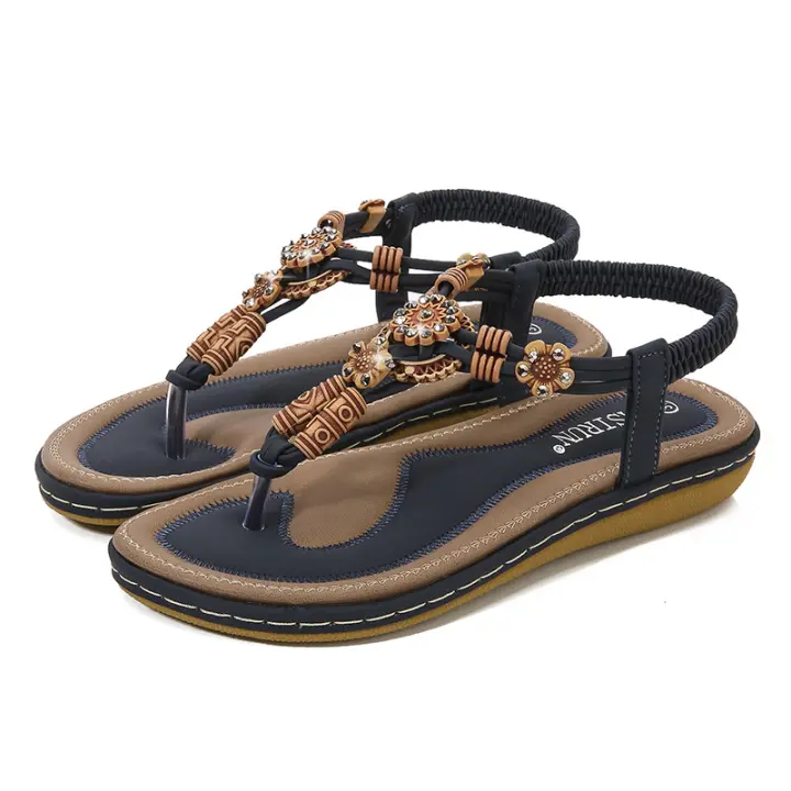 TK Zapatos de playa europeos y americanos para mujer, verano 2025. Zapatos casuales planos anchos con cuentas de madera tejidas. - 1