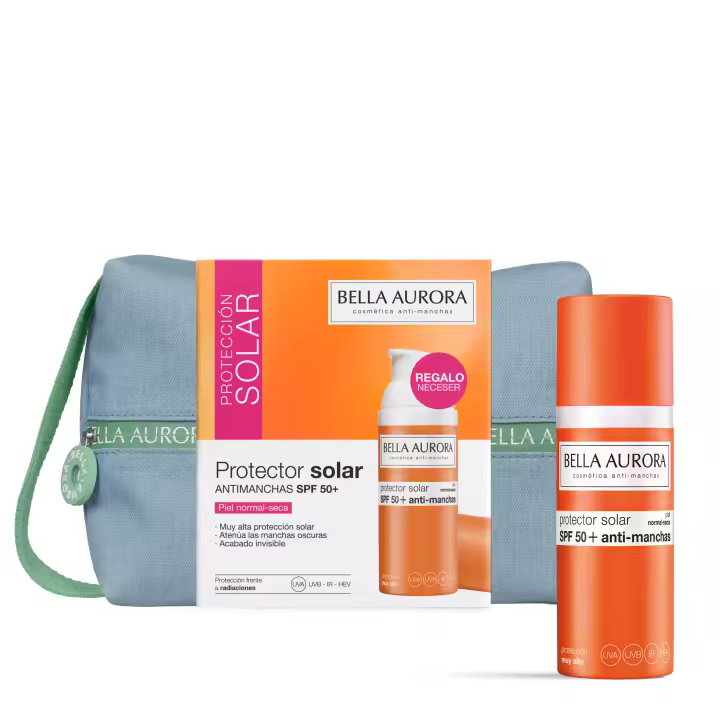 Bella Aurora Pack Crema Solar Antimanchas SPF 50+ Piel Normal-Seca | Fotoprotección Facial UVA UVB IR HEV | Ayuda a Reducir Manchas | Acabado Invisible | Neceser de Regalo | 50 ml - 1