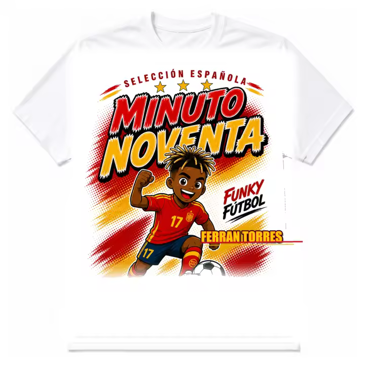 Stock Futbol Camiseta Blanca Selección Española 2026 Muñeco Funky Ferran Torres, Frase Minuto noventa, Diseño Fútbol Rojo y Amarillo para Afición España - Talla S - 1