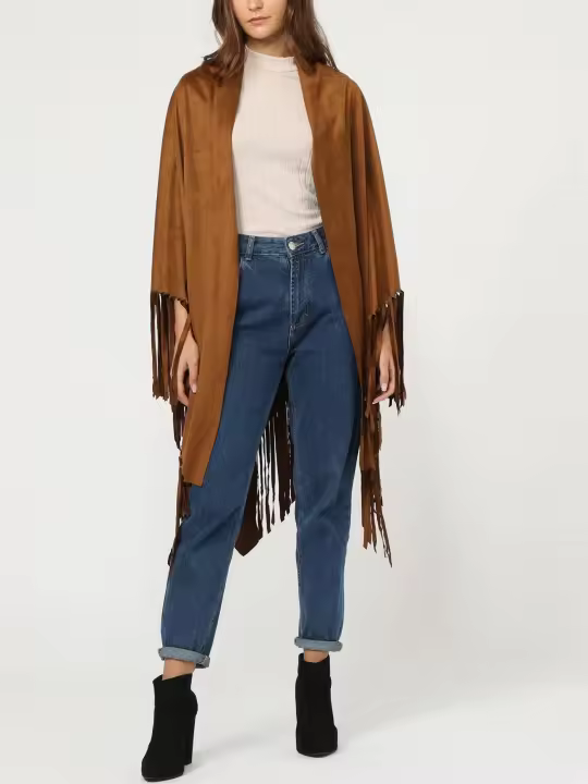 Poncho capa mujer estilo boho, diseño liso efecto aterciopelado, acabado flecos laterales, corte oversize, color camel, talla 38, versátil y cómodo, ideal entretiempo ✅Entrega 24/48h - 1