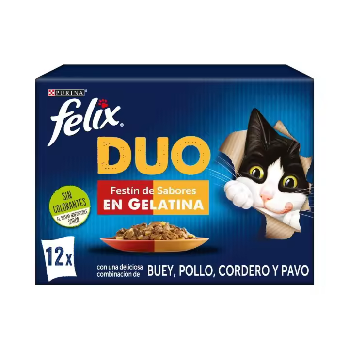 FELIX Fantastic DUO Festín de Sabores en Gelatina - Alimento Húmedo Completo para Gatos Adultos Combinación de Carnes (Pollo y Riñón, Pavo e Hígado, Cordero y Buey, Buey y Aves) - 1