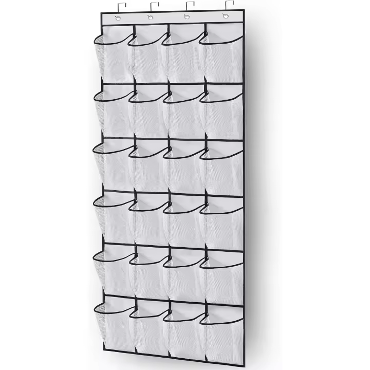 Zapatero colgante para puerta, organizador de zapatos, 24 bolsas de malla grandes con percha (blanco) - 1