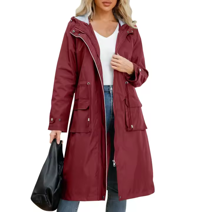Chaqueta De Trench Para Mujer Con Capucha Y Mangas Largas De Color Sólido Estilo Británico Elegante Con Rayas Y Sombrilla Protección Contra El Viento - 1