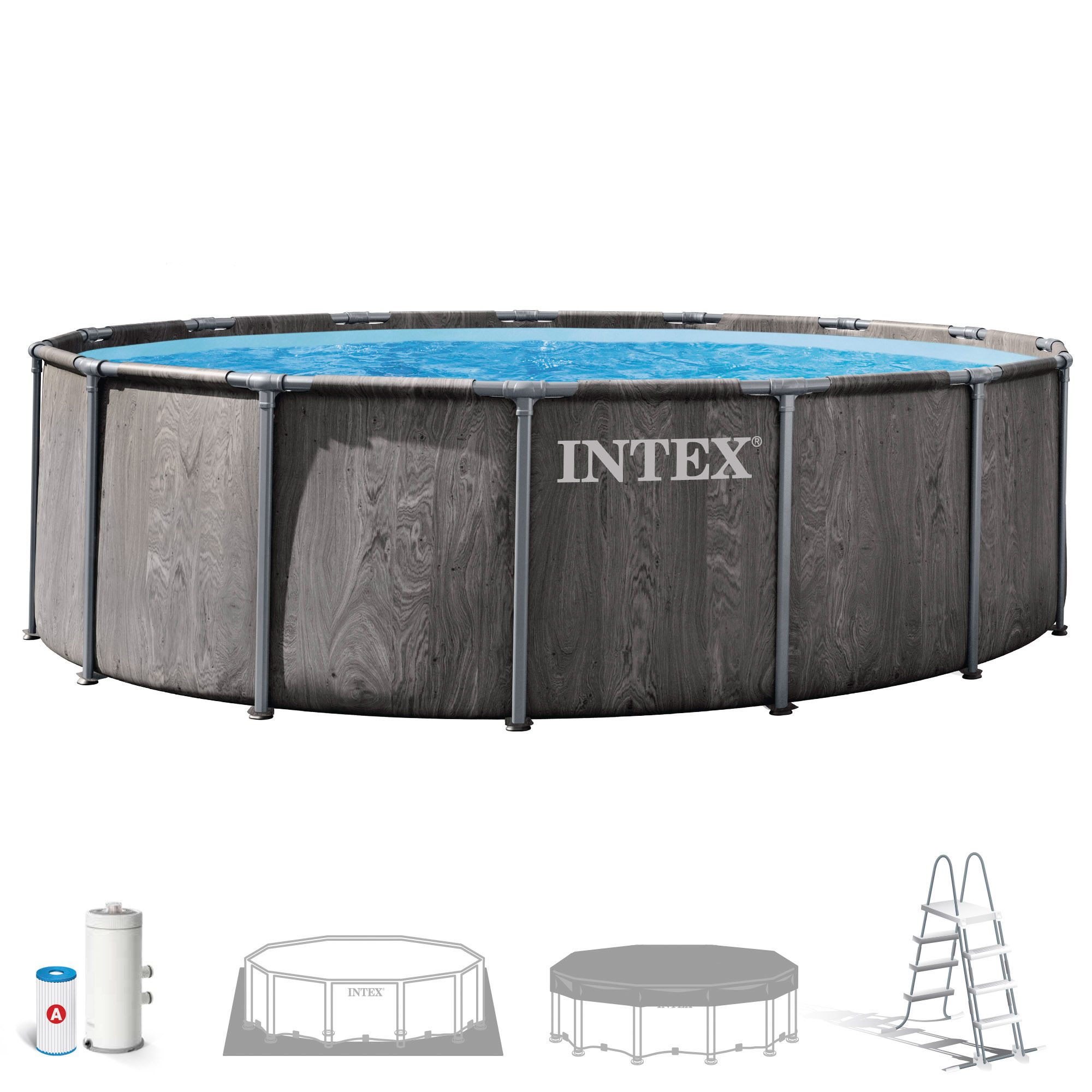 INTEX - Piscina desmontable redonda, Greywood Prism Frame Premium, lona triple capa, estructura metálica anticorrosión, depuradora de cartucho, escalera desmontable, tapiz protector, cobertor, tecnología Hydro Aeration, piscinas redonda desmontable