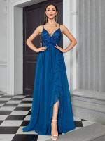 Vestido Largo De Encaje Con Pliegues Y Loto Abertura En La Cintura Estilo Halter V-Neck Para Mujer Traje De Noche Elegante - details 1
