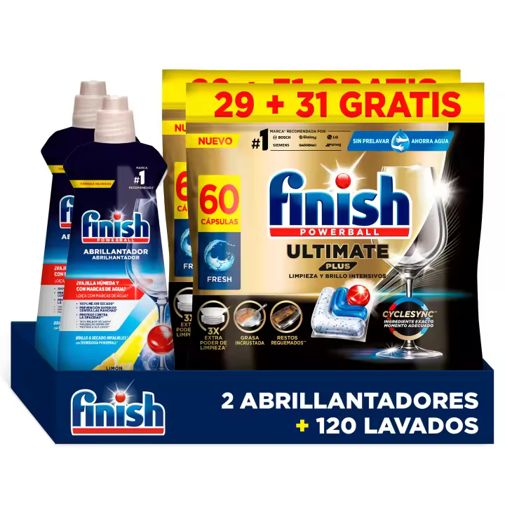 Finish Pack Brillo Total – x120 Ultimate Plus (Formato 2x60 Pastillas) + 2x Abrillantador Limón 500ml - 1
