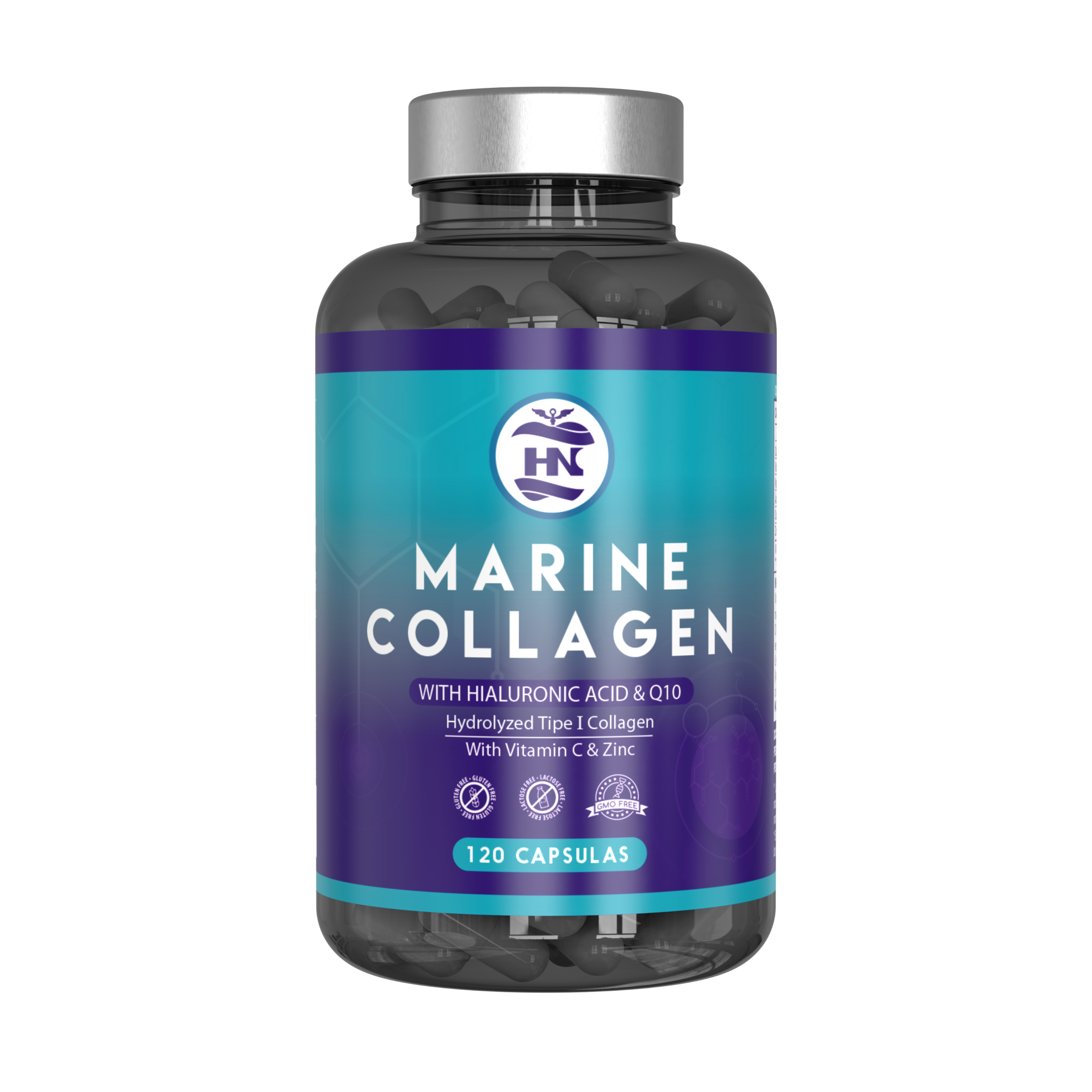 HN - Healthy Nutrition, Colageno Marino Hidrolizado Puro con Acido Hialuronico y Vitamina C - Coéncima Q10 y Zinc - 120 Caps - Marine Collagen, Colágeno Marino con Acido Hialurónico (1 Bote (120 Caps)