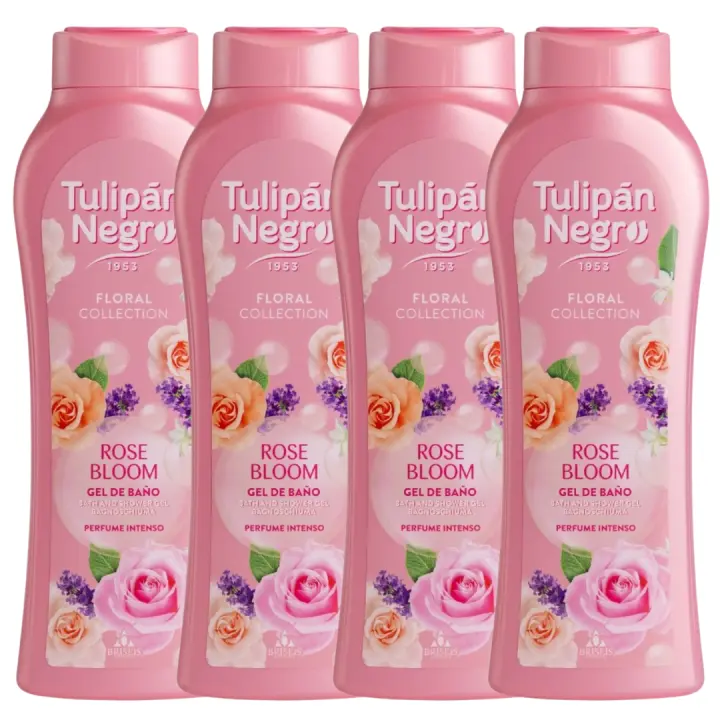Pack de 4 geles de ducha tulipán negro - gel de baño flor de rosa tulipán negro 650 ml - fragancia intensa de rosas frescas, limpieza e hidratación suave para el cuidado diario, aroma floral elegante y duradero - 1