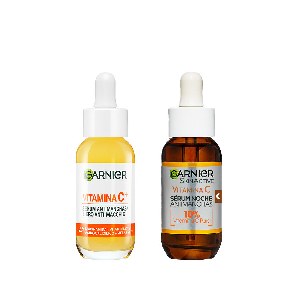 GARNIER PACK Sérum Anti Manchas con Vitamina C, Niacinamida y Ácido salicílico. Reduce un 43% la intensidad de las manchas oscuras 30ml + Sérum de Noche Antimanchas con 10% de Vitamina C Pura 30ml
