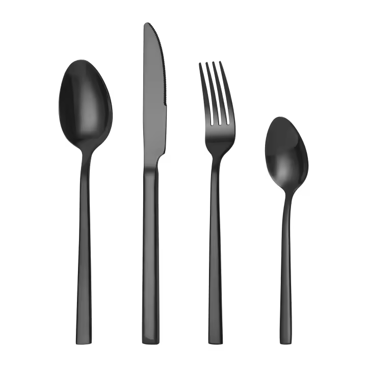 Mr.Spoon Juego 24 Piezas Cubiertos, Acero Inoxidable 18/0, Color Negro brillo, Incluye cuchillo,tenedor,cuchara,cucharilla, Cubertería, Servicio para 6 Personas, Apto para lavavajillas. Ideas de regalo, Incluye bolsa de regalo.70192 - 1