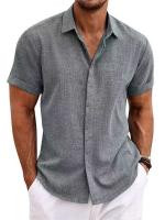 Camisa informal de manga corta para hombre - Doble botonadura en algodón/liño (color liso, alta calidad, ideal para verano y hogar) - details 2