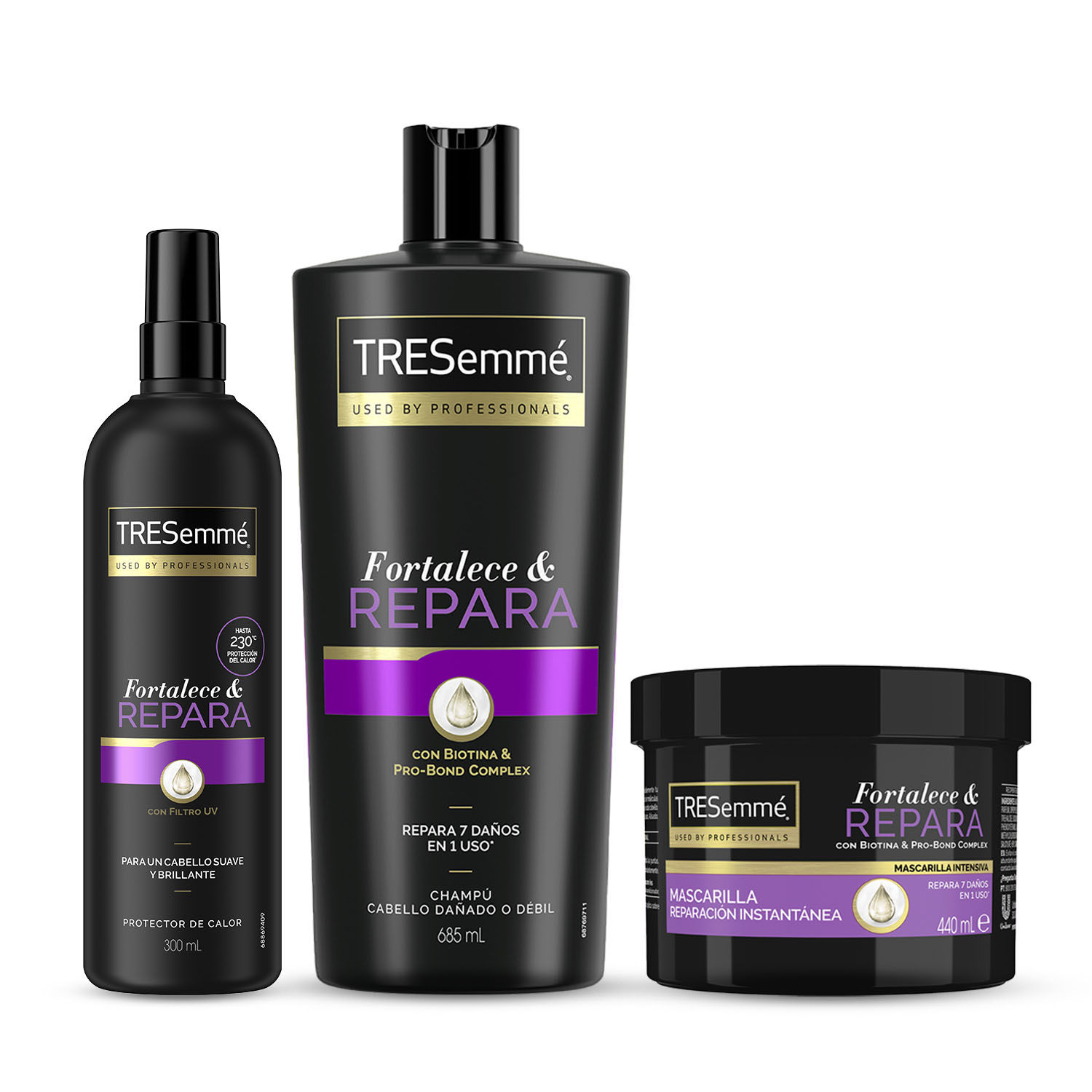 TRESemmé Pack Fortalece y Repara Champú + Protector + Mascarilla Hidratante para cabellos secos y dañados - Pack de 3