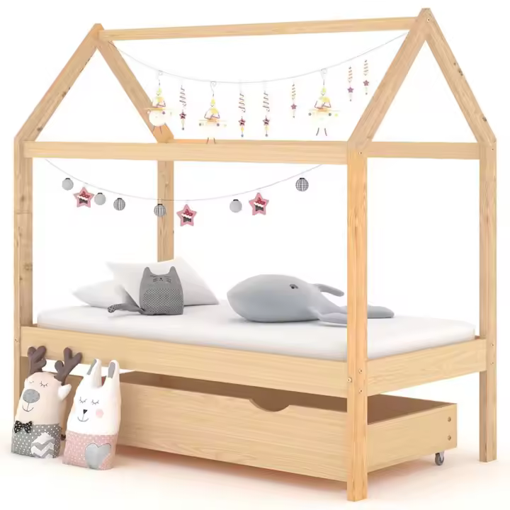 vidaXL Estructura de cama infantil con cajón madera de pino 70x140 cm en color Marrón/Gris oscuro/Blanco - 1