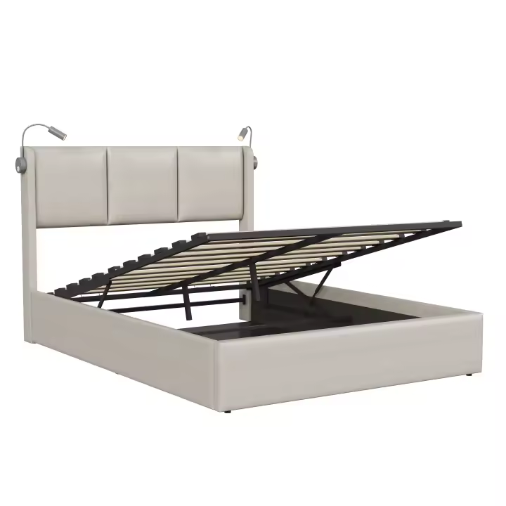Cama Tapizada 160x200 cm Beige con Canapé Abatible Hidráulico, Luces de Lectura LED y USB - 1