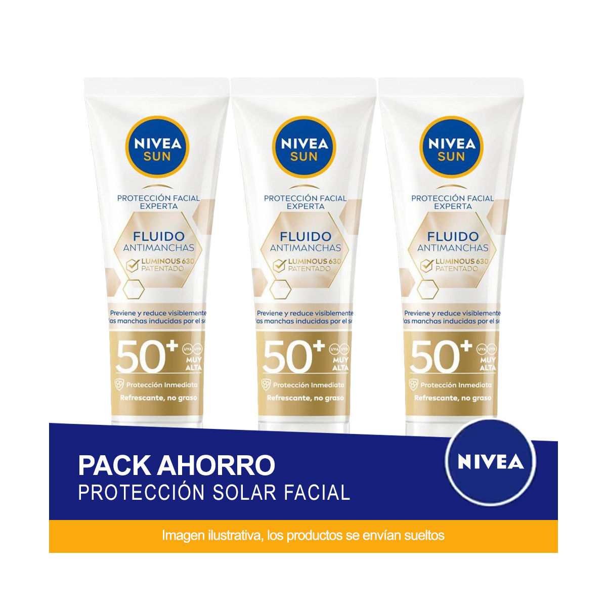 NIVEA SUN Pack ahorro Protección Facial Fluido Antimanchas Luminous 630 FP50+. Protección UV alta. Pack de 3 unidades