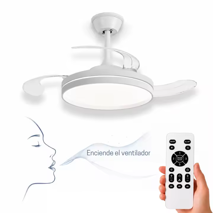 NARVI Ventilador de techo, Sistema integrado de FUNCIÓN CON VOZ, 3 aspas retráctiles transparentes , Motor DC 30W, Luz LED Regulable en intensidad y color. Con Memoria y Mando. REF. DAKOTA 6063 CON VOZ - 1