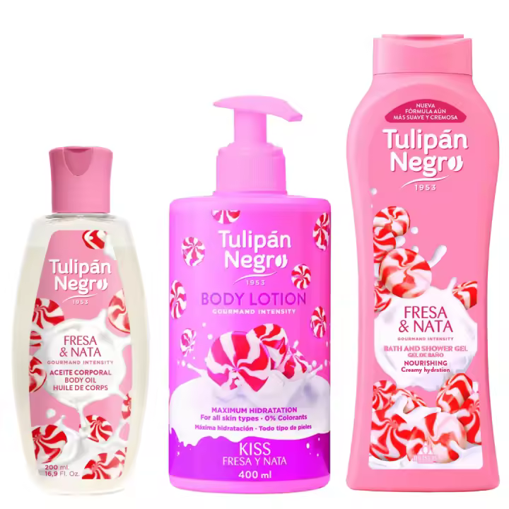 Tulipán Fresa Negra pack aceite corporal, loción corporal y gel de ducha 650 ml hidratación intensa, suavidad y dulce aroma frutal para tu cuidado diario. cuida tu piel con tulipán negro, los mejores productos para tu piel y cuerpo para el baño. - 1