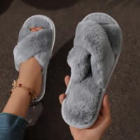 Pantuflas De Casa Para Mujer Con Tela De Peluche CrissCross Y Suela Suave Open Toe Fuzzy Caliente Invierno Pantuflas Cómodas Para Interno - details 3