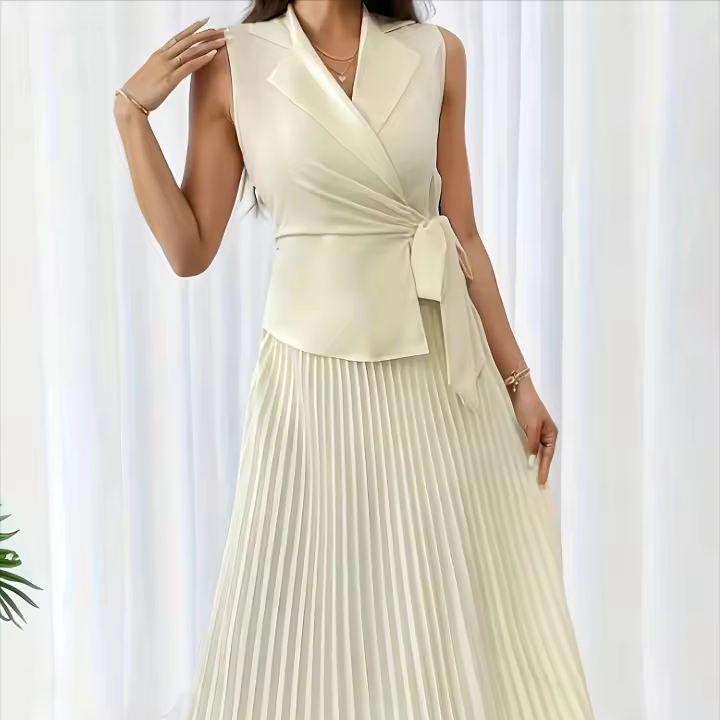 Conjunto De 2 Piezas Para Mujer Talla Grande En Color Crema Con Top Sin Mangas Y Falda Plisada Elegante Casual Para Oficina/ Fiesta (0XL-4XL) - 1