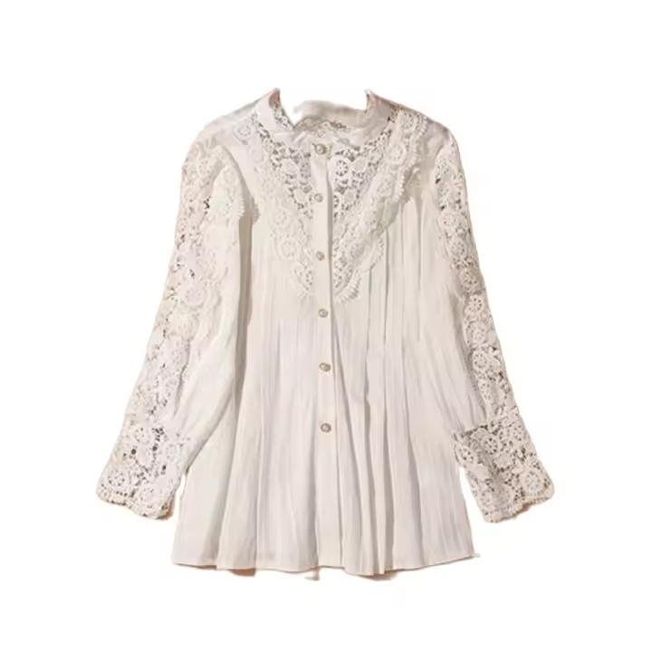 Camisa De Mujer Talla Grande Con Mangas Encaje Y Lanternas Mangas Pleated Sólido Cierre Individual Suave Estiramiento Estilo Clásico Para Todas Las Estaciones - 1