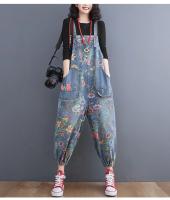 Traje De Mujer Estilo Callejero Floral Impresión Denim Con Tirantes Dungarees Rompers Cargo Pantalones Anchos De Pierna Pantalones De Sobrero - details 0