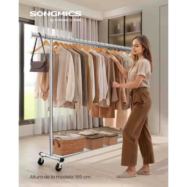 SONGMICS Burro Ropa con Ruedas, Perchero Burro Extensible con Carga Pesada, Capacidad de Carga Máx. de 150 kg, 45 x (160-200) x 161,5 cm, Fácil de Montar, Portátil, Plata/Negro - 1