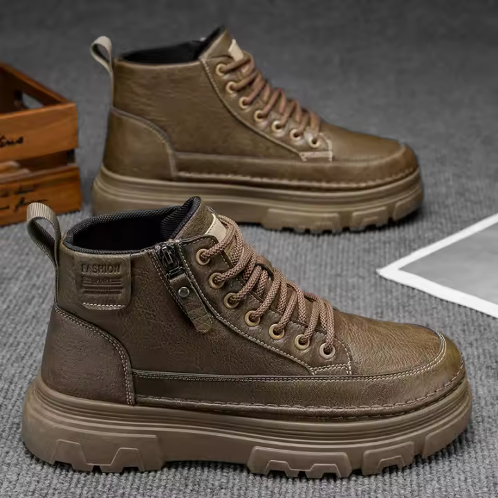 Botas De Cuero Impermeables Para Hombre Botines De Moda Casual Para Otoño Y Primavera Zapatos De Deporte De Media Calf High Para Senderismo Exterior - 1