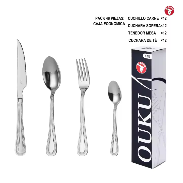 Mr.Spoon Serie Bola Juego de 24 o 48 piezas cubiertos,Acero Inoxidable 18/0,Económico y funcional,Incluye cuchillo de carne o mesa,tenedor,cuchara,cucharilla,Mango monobloque,Apto para lavavajillas,Empaque ecológico,Ideal para casa,hotel,restaurante - 1
