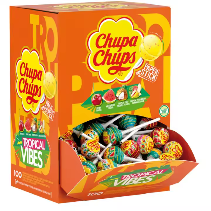 Chupa Chups Kangaroo - Caja de Fresa Lovers, Tropical Vibes, Mini Mentos Rainbow - Contienen 90/100 unidades - Caja que se abre en forma de canguro - 1