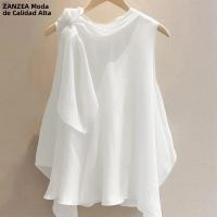 ZANZEA Camiseta Para Mujer Verano Tops 2025 Sólida Sin Mangas Asimétrica Casual Suelta Con Cuello Redondo Y Scaro - details 1