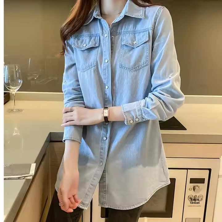 Chaqueta De Denim Para Mujer Con Cuello En V Manga Larga Estilo Casual Elegante Abrigo De Otoño Primavera Para Oficina Ropa De Ladies - 1