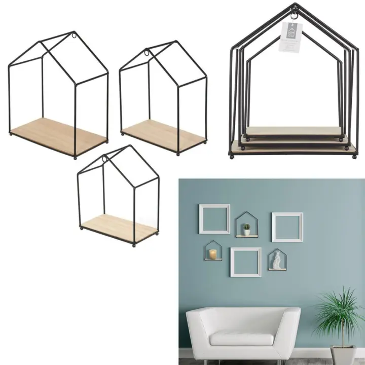 Set de 3 estanterías forma casa, madera + metal, beige-noir, 23 x 27 x 13 cm.The Home Deco Factory - 1
