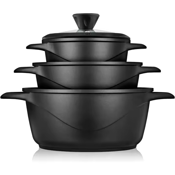 Briebe MGK-18S Batería de Cocina Inducción 6 Piezas Aluminio Fundido 3 Ollas con Tapa de Cristal Antiadherente, , Negro - 1