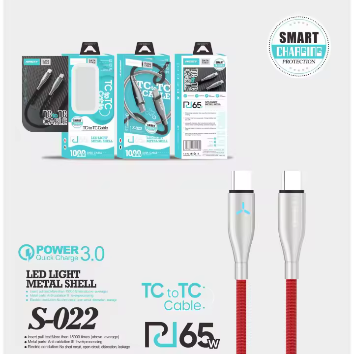 Nuevo Cable de Datos Carga Ultra Rápida 65W Tipo C a Tipo C Protección de Carga Inteligente Color Rojo Modelo S-022 - 1