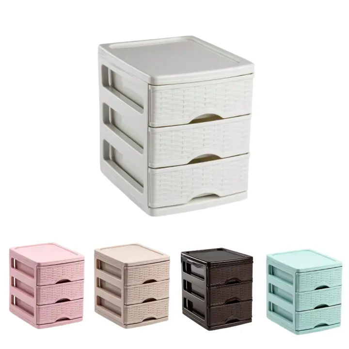 HOMYGO - Cajonera de sobremesa, plástico, 3 cajones, 17 x 13,5 x 17 cm, modelo Turia, efecto mimbre, torre de almacenamiento multiusos, organizador auxiliar, escritorio, baño, oficina - 1