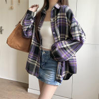 Camisa Plaid Morada Para Mujer Manga Larga Abrigo Casual Suéter De Verano Con Botones Abiertos Estilo Joven Talla Grande - details 2