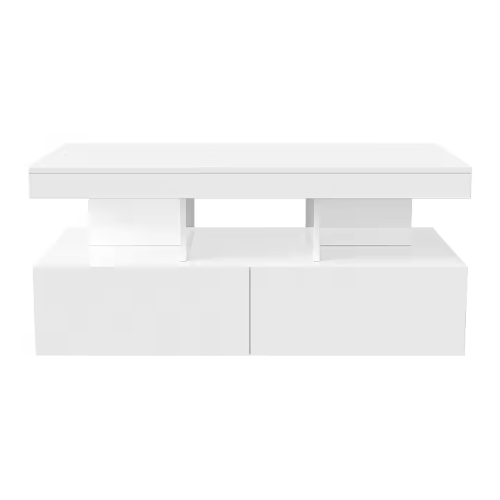 Mesa de centro LED blanco brillo con almacenaje, doble cajón y acabado moderno 104×53×46 cm - 1